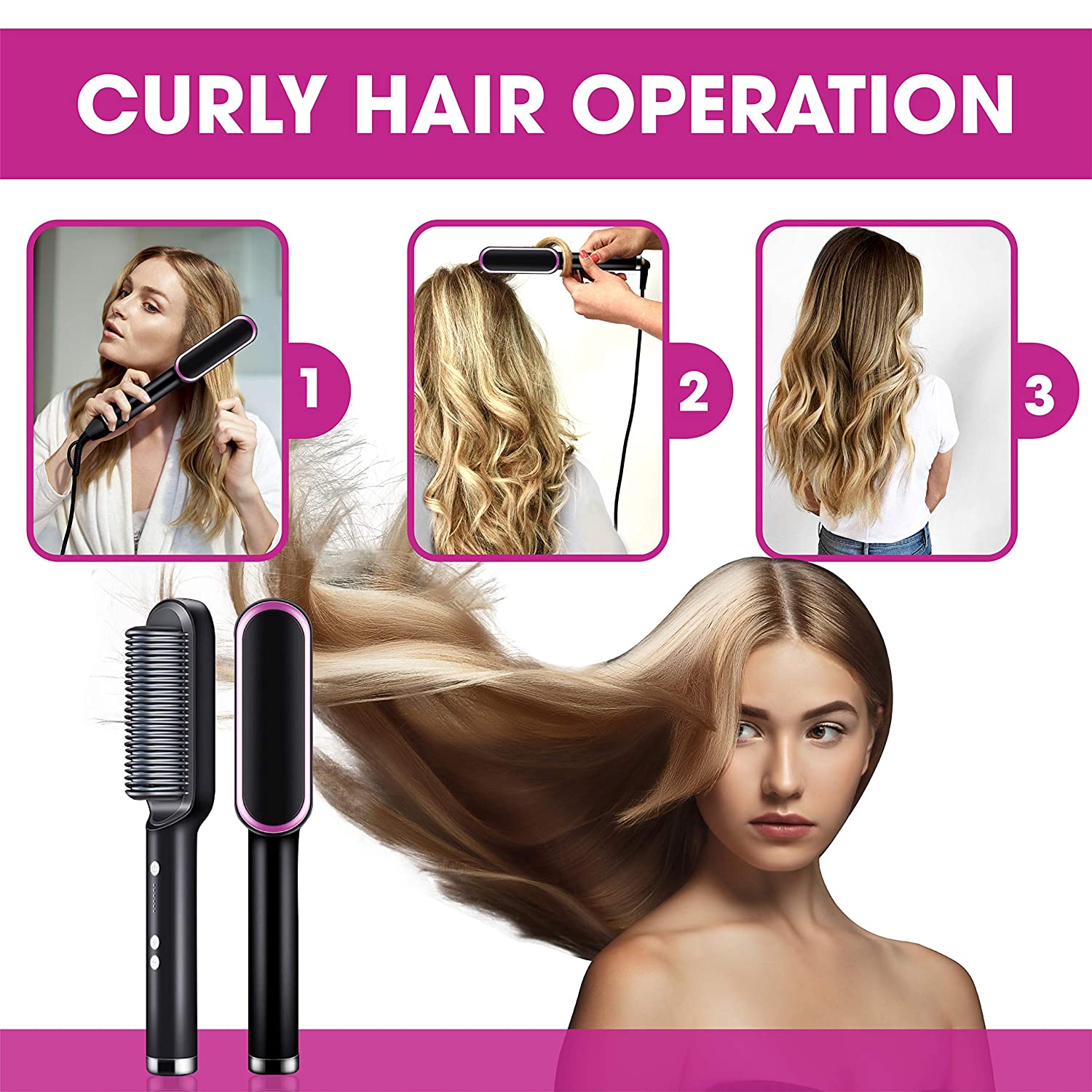 2-in-1 Hair Straightener Iron Brush Straight Hair Comb Curling Professional Styling Brush For Women (random Color)